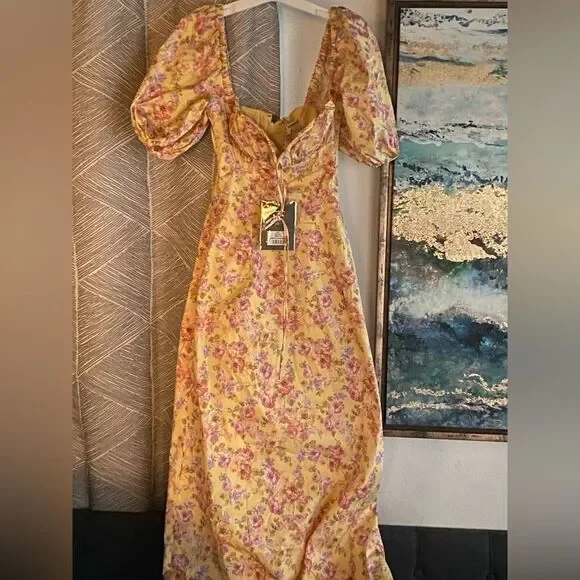 House of CB Maxi Dress Sz XS Yellow Floral Felizia Butter Print Puff Selene NEW